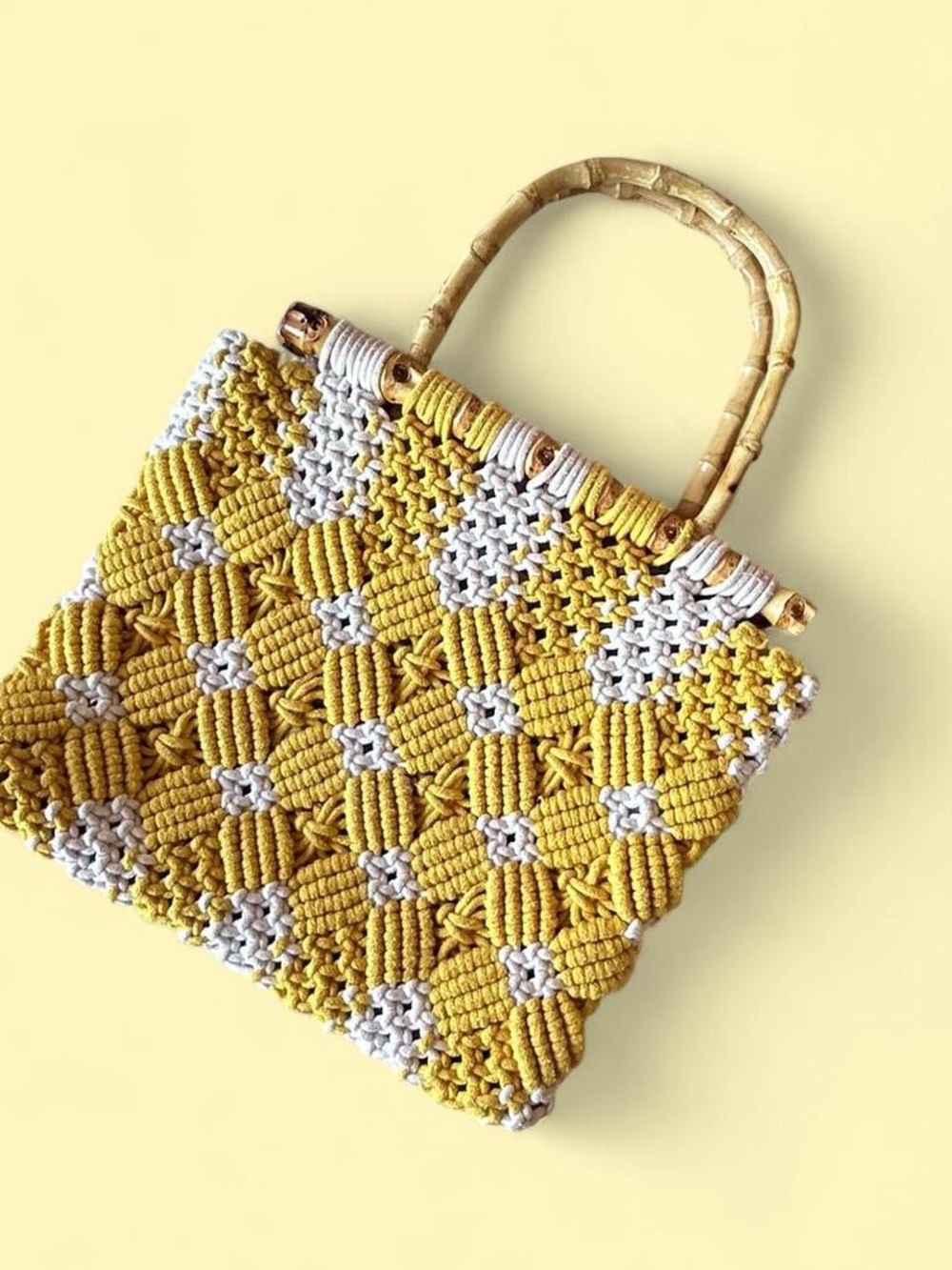 ZARA Yellow & White Macramé Tote Bag with Bamboo Handles